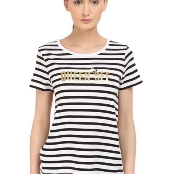 KATE SPADE | Queen Bee Black/White Striped Short Sleeve Shirt Women’s Size M - Picture 1 of 9